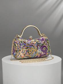 1pc Purple Heavy Sequin Evening Clutch, Rhinestone Spherical Lock With Gold Metal Handle, Vintage Beaded Craftsmanship, Elegant Exquisite Handbag For Wedding, Banquet, Party And Dress Matching - Mauve Purple - View 2