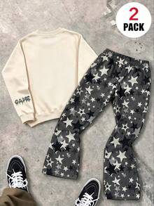 Teen Boys Game Console Print Crew Neck Sweatshirt & All-Over Star Print Wide Leg Pants 2-Piece Set, Autumn/Winter Outfit, Campus Style, Homecoming Look - Apricot - View 4
