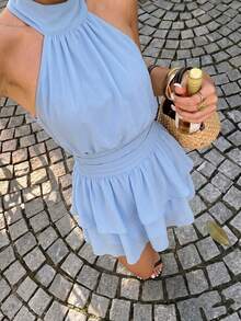 Elegant Fashionable Blue Halter Neck Backless Layered Ruffle Mini Dress - Wedding Party Fall - Baby Blue - View 3