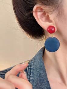 1 Pair Vintage Hong Kong Style Red & Blue Color Block Geometric Resin Earrings, Suitable For Women's Party And Gathering - Blue - View 4