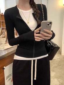 Women's American Unique Zipper Design Jacket, Korean Style Hot Girl Slimming 2 In 1 Top, Autumn - Black - View 7
