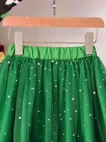 Vihyde Young Girls Christmas New Arrival 2 Pieces Outfit, Christmas Tree & Snowflake Print Long Sleeve Top & Star Sequin Tulle Ruffle Skirt Set - Red - View 6