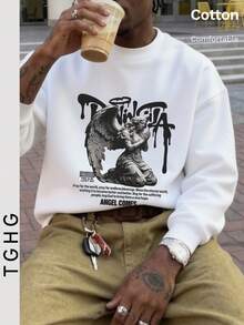 Men's Crew Neck Long Sleeve Lightweight T-Shirt T-Shirt, Decorated With Angel Graphic And Black Text - White - View 3