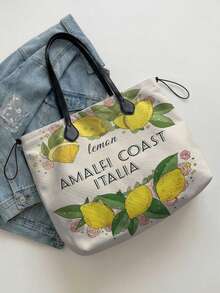 1pc Tote Bag, Fruit & Floral Print, Lightweight, Foldable, Fashionable, Personalized Handbag, Large Capacity Casual Shoulder Bag, Suitable For Work, School, Shopping And Daily Use - Multicolor - View 4