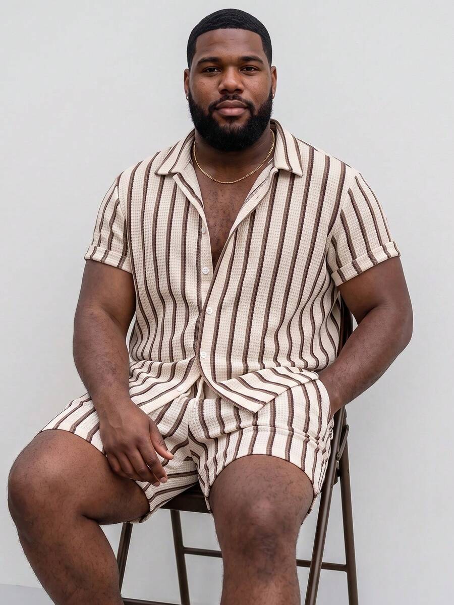Men's Summer New Knit Random Stripe Textured Turn-Down Collar Short Sleeve Shirt With Matching Textured Drawstring Shorts Plus Size 2-Piece Set - Apricot - View 1