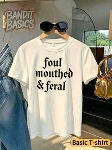 100% Cotton Crop Top T-Shirt With Gothic Lettering Foul Mouthed  , On Wooden Hanger, Glasses, Blue Jeans, Indoor Staircase, Vacation Outfitswomen - 基礎T-白色 - 查看 1