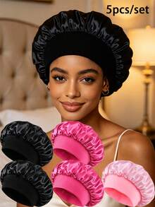 5pcs Women's Solid Color Wide Brim Elastic Satin Sleep Cap, Fashionable Sleep Bonnet, Comfortable And Breathable, Suitable For Daily Hair Care, Beach, Travel Use - 5 Pcs - View 20