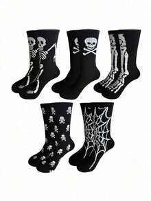 1/5 Pairs Men Skull & Spider Pattern Mid-Calf Socks, Comfortable Creative Casual Socks Suitable For Daily Wear, Halloween, Parties, Fall Socks - Multicolor - View 2