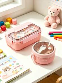 SEAL LOCK Cute Cartoon Animal Print Bento Box, 3-Compartment Leak-Proof Food Container, Reusable With Built-In Utensils, Microwave , Portable Lunch Box For Office, School And Outdoor Picnic Fresh Food Storage - Multicolor - View 2