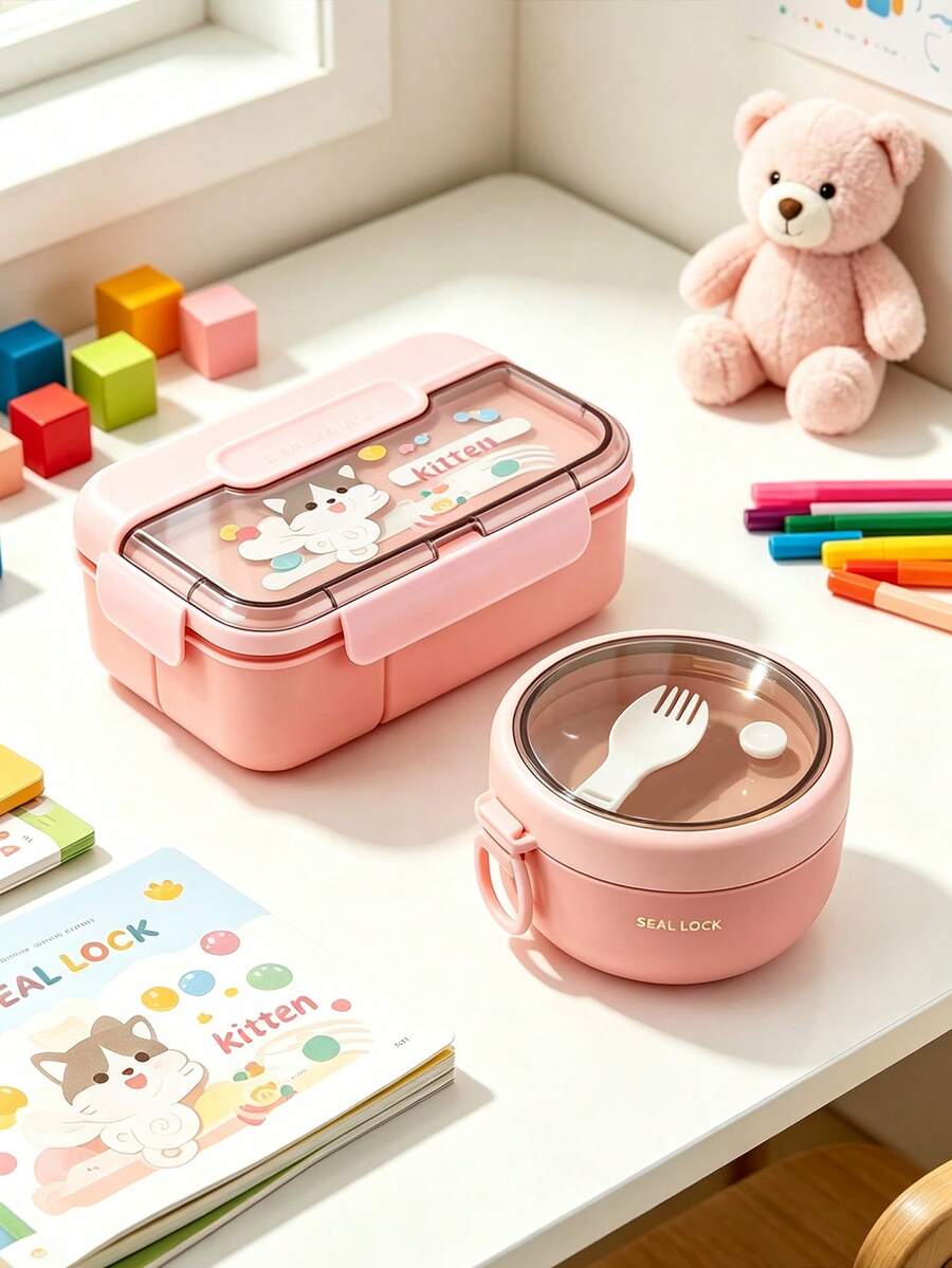 SEAL LOCK Cute Cartoon Animal Print Bento Box, 3-Compartment Leak-Proof Food Container, Reusable With Built-In Utensils, Microwave , Portable Lunch Box For Office, School And Outdoor Picnic Fresh Food Storage
