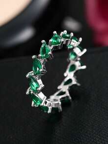 1pc Elegant Versatile Personalized Ring With Green Cubic Zirconia, Luxury High-End Elegant, Suitable For Women's Daily Wear, Party, Holiday Gift - Silver - View 1