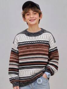 Sweater Leher Bulat Bergaris Blok Warna Vintage untuk Anak Perempuan Remaja - MultiWarna - View 1