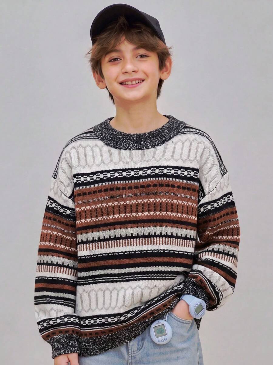 Sweater Leher Bulat Bergaris Blok Warna Vintage untuk Anak Perempuan Remaja - MultiWarna - View 1