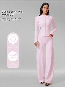 MFVIM 女款多功能瑜伽套裝，柔軟親膚修身外套 + 寬腿休閒百搭長褲 - 粉色 - 查看 3