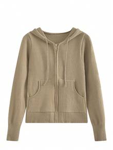 Vintage Versatile Long Sleeve Hooded Zip-Up Cardigan - Khaki - View 5
