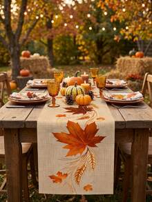 1pc Autumn Maple Leaf Table Runner, Wheat Ear & Autumn Leaf Plant Print Rustic Style Long Table Runner, Suitable For Thanksgiving Harvest Season Farmhouse Dining Table, Kitchen, Coffee Table, Family Gathering And Autumn Party Decor - Multicolor - View 8