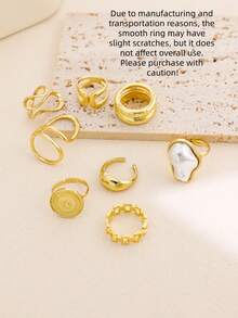 8Pcs/Set Vintage Elegant Faux Pearl Rings Set For Women Irregular Geometric Finger Rings Party Wedding Jewelry Accessories - Yellow Gold - View 7