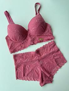 Conjunto Lingerie Plus Size Rendado Cropped  Lingerie Sensual Calcinha Alta Confortável - Rosa chiclete - Visão 6