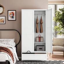 Metal Armoire Wardrobe Closet Tall Steel Clothes Storage Cabinet Unit With Hanging Rod Adjustable Shelves Storage Drawer Organizer Holder For Bedroom Office, White - White - View 3