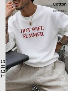 تي شيرت رجالي برقبة دائرية وأكمام طويلة خفيف الوزن، مطبوع عليه نص "HOT WIFE SUMMER" باللون الأحمر - أبيض - مشاهدة 8