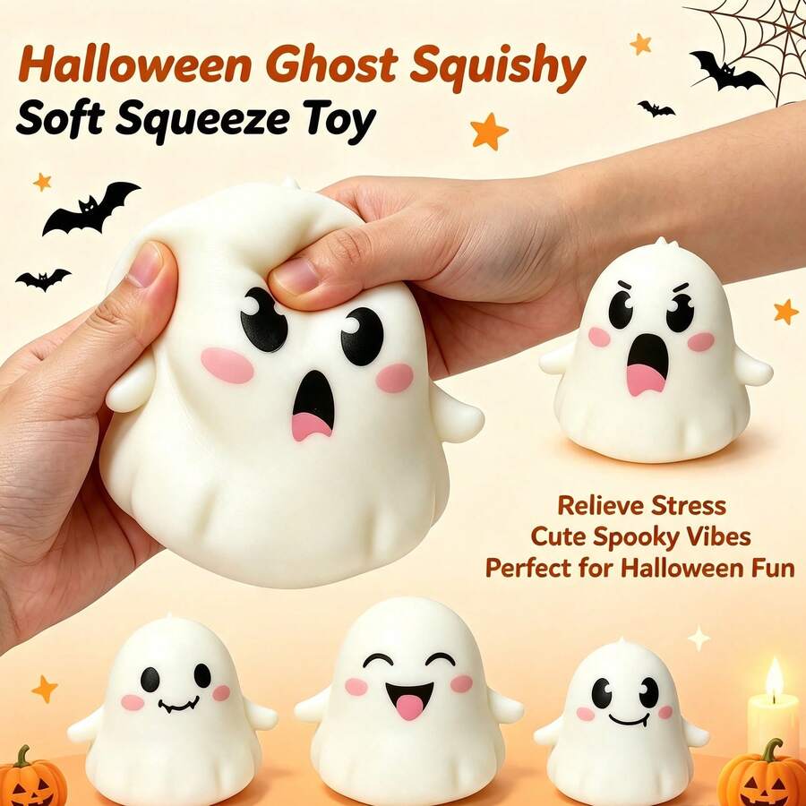 1pc Squishy Cute Ghost Expression Squeeze Toy, Soft & Resilient Stress Relief Hand Toy, Halloween Desktop Decor Small Gift -- Random Style