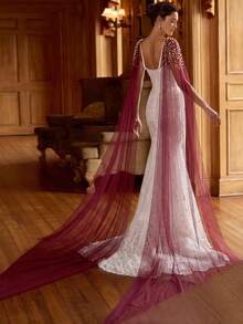 2 buah Aksesori Jala untuk Gaun Pesta dengan Hiasan Manik-manik Mutiara Warna Burgundy yang Dapat Dilepas, Cocok untuk Gaun Pesta - MultiWarna - View 3