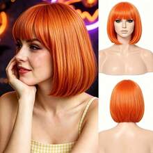 Fashionable 14 Inch Burgundy Short Bob Wig With Straight Bangs, Smooth And Vibrant Women's Short Hair, Basic Style, Adjustable Breathable Inner Cap, Synthetic Fiber Wig, Comfortable And Breathable, Easy To Style, Suitable For Cosplay, Party And Daily Wear, Perfect For Halloween Events - Multicolor - View 15