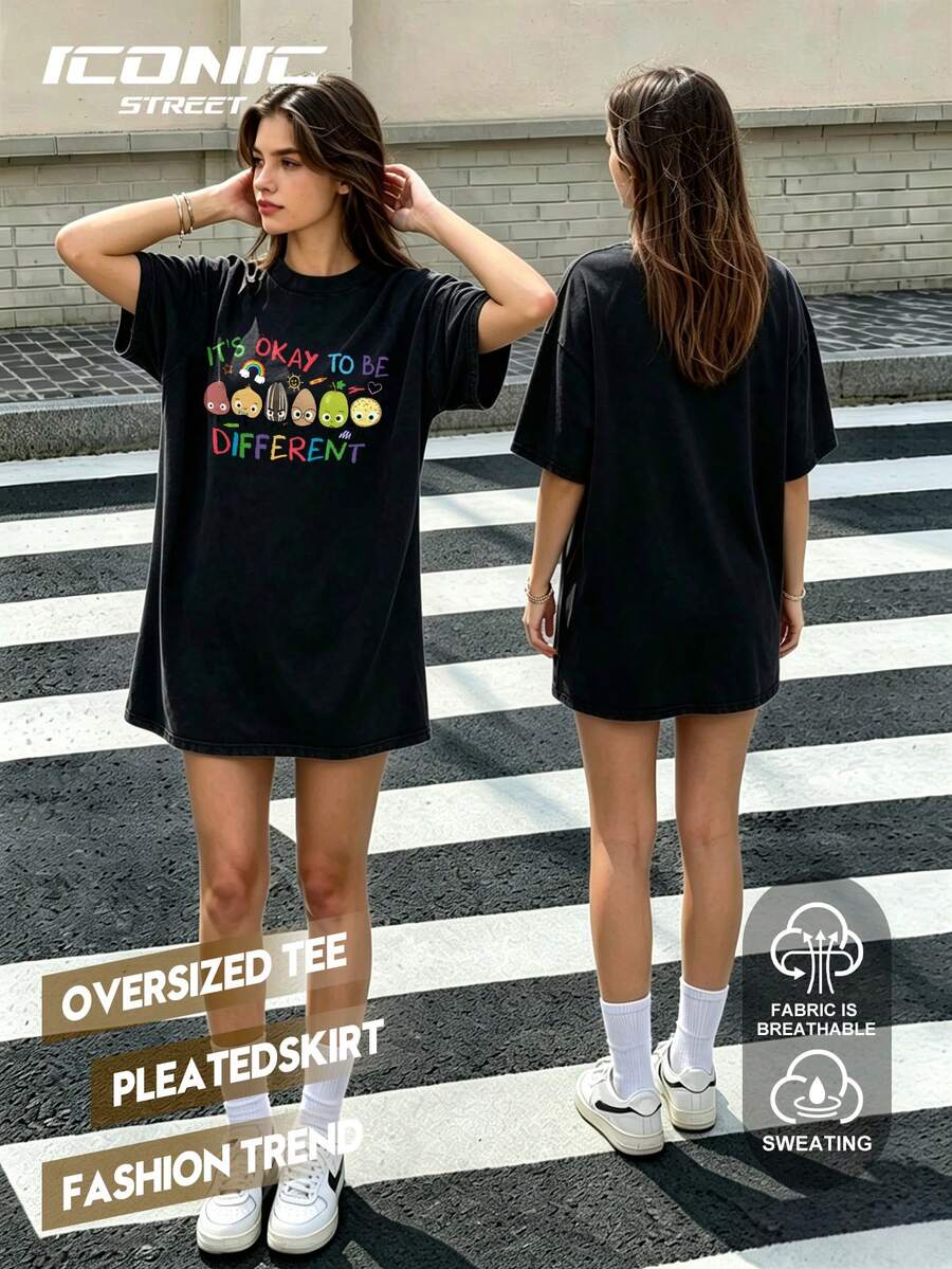大尺碼女款圓領T恤,自閉症關注印花,休閒穿著黑色夏季款 - 黑色 - 查看 1