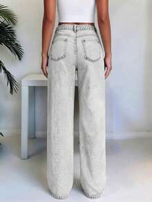 Straight Leg Loose Casual Jeans With Pockets, Versatile For Teens - Light Grey - View 3