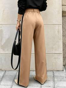 Women's Elegant Colorblock High Waist Straight Leg Pants With Belt, Daily Commute Spring/Autumn Outfit - Khaki - View 3