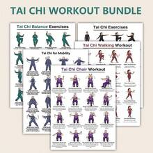 5pcs Tai Chi Exercise Poster Set, 20.32X25.4cm, Balance And Flexibility Workout Charts, Seated Chair Tai Chi And Walking Guide, Home Gym Wall Decor, Tutorial Fitness Art Prints - Multicolor - View 2