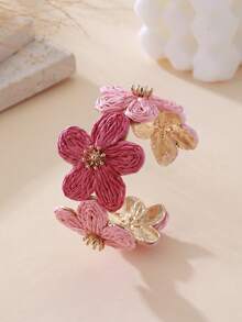 1 pieza Brazalete ancho de flor tejida de doble color rojo y rosa estilo Ins, brazalete ajustable de tono tierra estético vintage para chica suave, adecuado para vacaciones en la playa, picnic de primavera/verano, camping, atuendo Maillard de otoño/invierno, desplazamiento diario al trabajo, fotografía de viaje pastoral en ciudad antigua, a juego con vestido de lino marrón claro - Multicolor - Ver 3