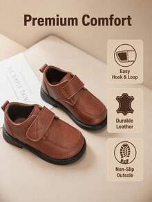 2-12 Years Old Boys Spring/Autumn New Black Breathable Comfortable Durable Casual British Style Formal Shoes, Hook And Loop Design Performance Shoes Suitable For Ball, Party, Minimalist Soft Sole Anti-Slip Campus Daily Children's Shoes - Rust Brown - View 3