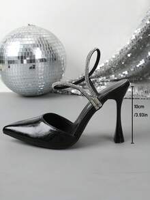 Women's Black Pleated Pointed Toe Slingback High Heels, Double-Layer Rhinestone Stilettos Adjustable Slide Buckle Wine Glass Stiletto Formal Pumps - Black - View 3