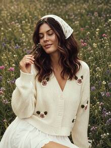 VIBEWAVE Off-White V-Neck Single-Breasted 3D Floral Embroidered Loose Short Knit Cardigan Women Gentle Pastoral Style Spring/Autumn Outerwear Top - White - View 5
