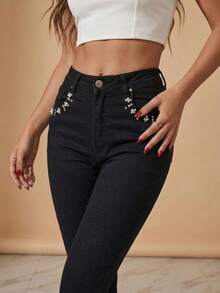 pthirillo Women Jeans - Rhinestone and Pearl Floral Trio Bag - View 8