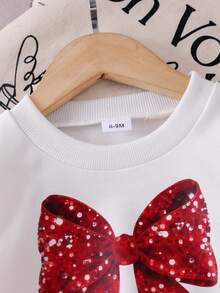 Baby Girl Sweet Academy Casual Style 2-Piece Set, Faux Sequin Large Bow Print Sleeve With Bow Decor Crew Neck Sweatshirt + Bright Red Flared Long Pants - Red - View 5