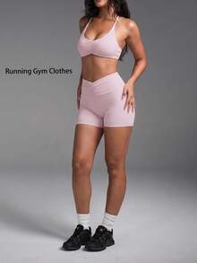 Women's Casual Sports 2 Pieces Set, Ruched Bust Cross Back Sleeveless Top, Ruched Waist Butt-Lifting Tight Shorts, Suitable For Yoga, Daily Wear - Pink - View 9