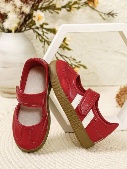 [Girls' Campus Hot-Selling]Red & White Hook And Loop Mary Jane Shoes, Vintage Rubber Non-Slip Sole, Eye-Catching Contrast Color Design, Versatile Kids' Shoes For Pants, Skirts, School And Outings