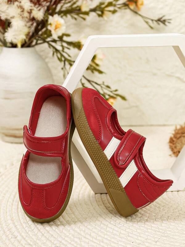 [Girls' Campus Hot-Selling]Red & White Hook And Loop Mary Jane Shoes, Vintage Rubber Non-Slip Sole, Eye-Catching Contrast Color Design, Versatile Kids' Shoes For Pants, Skirts, School And Outings