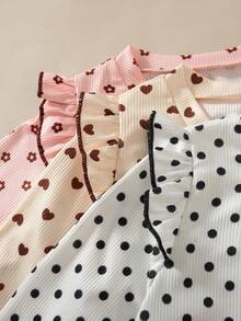 مجموعة متعددة القطع ملابس علوية كاجوال عصرية للبنات بنقشة نقاط وقلوب وزهور صغيرة، بياقة طاقم وأكمام طويلة، للربيع والخريف - متعدد الألوان - مشاهدة 4