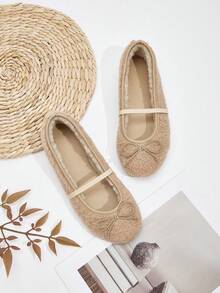 Women's Brown Cute Furry Slip-On Ballet Flats, Warm Winter Shoes - Apricot - View 1