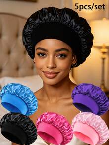 1 pièce Bonnet de nuit en satin élastique à large bord de couleur unie pour femmes, bonnet de nuit à la mode, confortable & respirant, convient pour les soins capillaires quotidiens - Petit chapeau 1 pièce - Voir 19