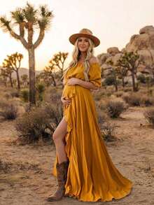 Gaun Hamil Gaya Bohemian Tanpa Bahu, Manset Lengan Berkerut dan Belahan di Bagian Bawah, Sempurna untuk Foto Musim Gugur - Jahe - View 1