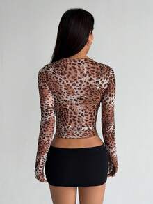 Halloween Autumn Leopard Print Shiny Sheer Mesh Long Sleeve Crop Top, Nightclub Party - Brown - View 6