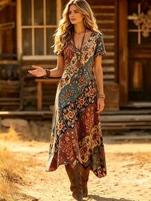 Plus Size Women's Retro Western V-Neck Floral Print Short Sleeve Casual Dress, Spring/Summer Elegant - Blue - View 3