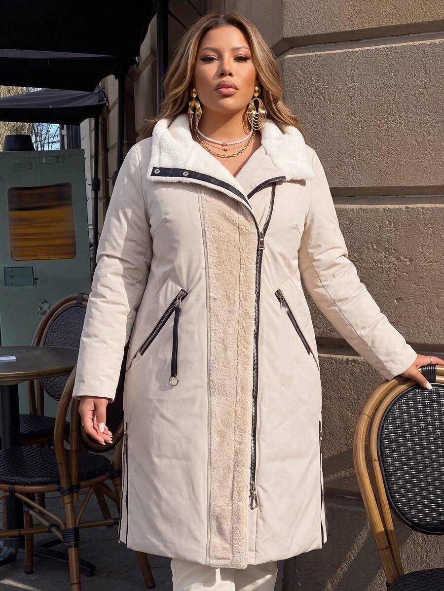 Plus Size Patchwork Long Hooded Padded Coat - Beige - View 1