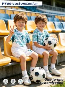 2pcs/Set Full Print Burn-Out Boys Football Jersey Set, Personalized Name/Club Customization, #7 Print Soccer Uniform, Short Sleeve & Shorts Set, Suitable & Girls, Sports, Cycling, Outdoor Running, Football, Star Player Style, Sublimated Youth Soccer Kit - White - View 4