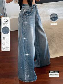 1 buah Celana Jeans Kasual Denim Motif Kumis Kucing Berhiaskan Berlian Imitasi, Potongan Longgar Pinggang Sedang untuk Wanita, Cocok untuk Kencan, Semua Musim, Musim Panas - Medium Wash - View 1