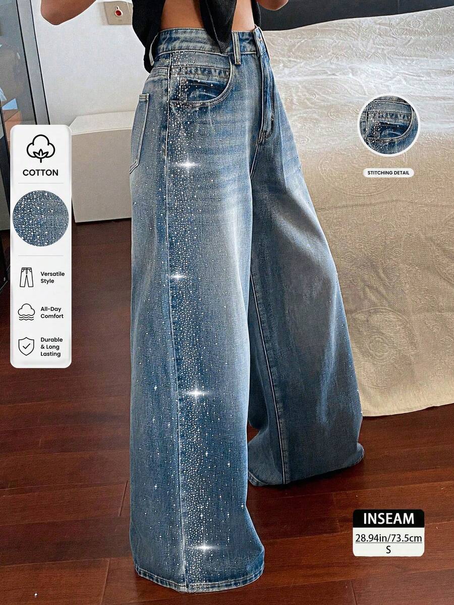 1 buah Celana Jeans Kasual Denim Motif Kumis Kucing Berhiaskan Berlian Imitasi, Potongan Longgar Pinggang Sedang untuk Wanita, Cocok untuk Kencan, Semua Musim, Musim Panas - Medium Wash - View 1